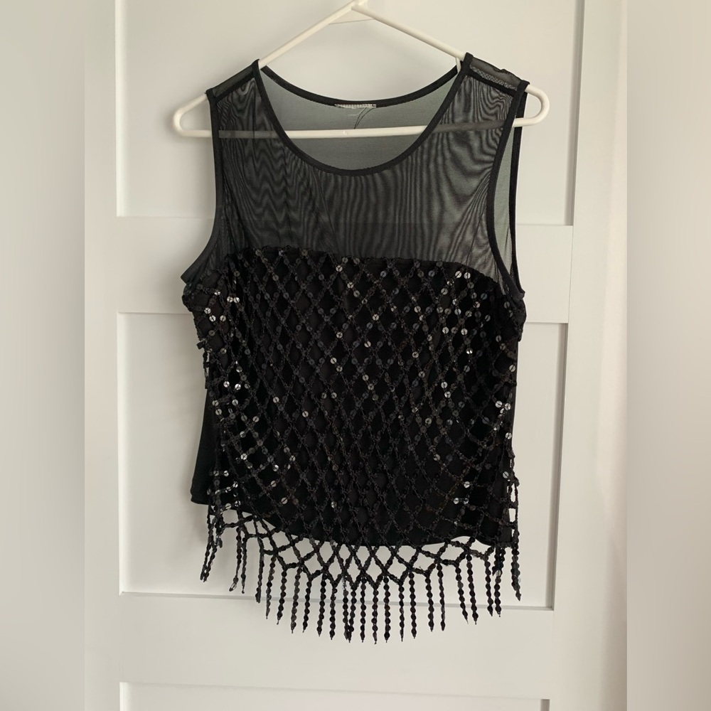 Chic Black Sequin Mesh Women's sleeveless top. Mesh at the top.